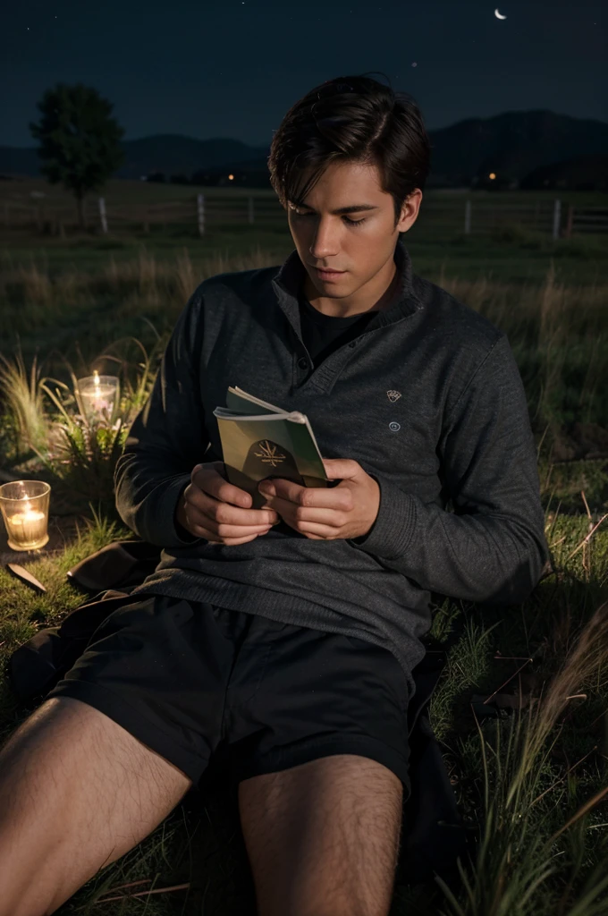 A handsome, introverted young man is alone and reading a book in the middle of a dark and quiet grassland at night alone and reading a book 