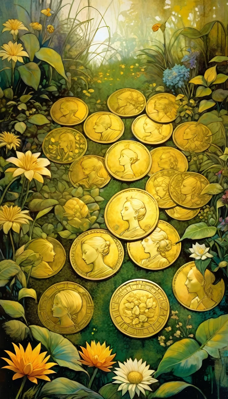 nine large gold coins on the ground of a lush garden among plants and flowers (Dave Mckean inspired art, intricate details, oil painting) 
