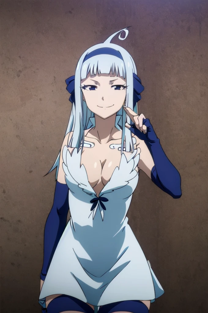 FAIRY TAIL ANGEL, LONG HAIR, BANGS, BLUE HAIR, HAIRBAND, BLUE HAIRBAND, AHOGE, THIGHHIGHS, GLOVES, DRESS, CLEAVAGE, ELBOW GLOVES, WHITE DRESS, 1girl, solo, facing viewer, (evil smile:1.3),Highly detailed CG Unity 8K wallpaper, perfect lighting,laugh at,evil smile,evil smirk,looking down at viewer,,smile bad,deep shaded face,too evil fall,dark world background,two hands,five fingers,