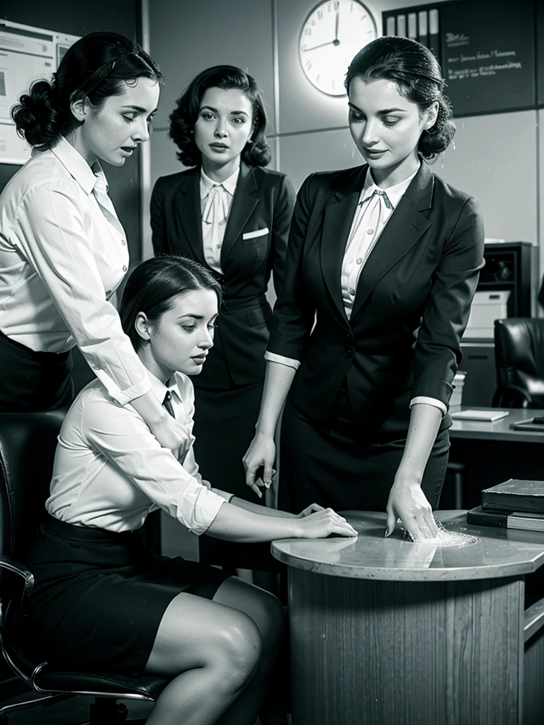 1950 Era Office woman sitting in an office chair dressed in office skirt suit with two women co-workers pouring pitchers of water on head, wet office suits, water running thru clothes
