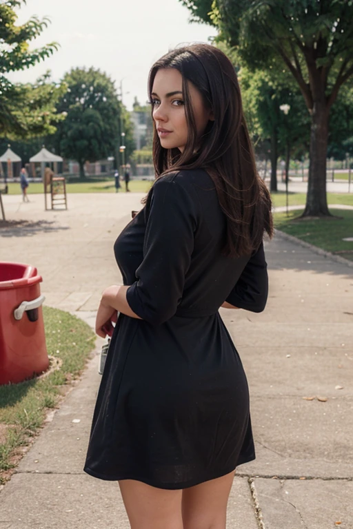 brunette woman (size dark hair with size tits in dress) having an attractive posture from behind strolling in a play park