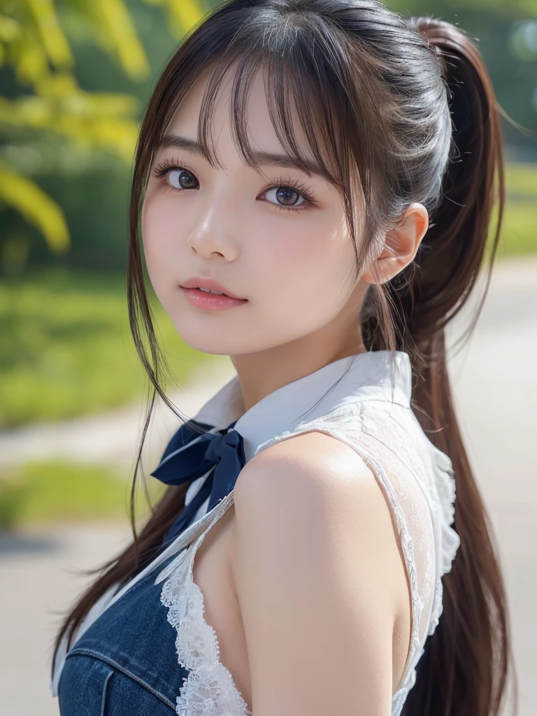 ((cute日本の女の子、Beautiful Japanese Girl、One girl、19 years old、ponytail、Highly detailed face and skin texture、Ultra detailed face、Ultra-detailed eyes、鬠红、blush、front、 cute、Highly detailed face and skin texture、Smooth white skin、Translucent skin texture、))、(Dark Brown Hair)、looking at the camera、Sharp Focus:1.2、Beautiful woman with perfect style:1.4、Japanese Model、((Highest quality、8K、masterpiece:1.5、1Photos))、(4K、RAW Photos、Highest quality)、Place people across the entire screen、Natural light、professional lighting、(Realistic、フォトRealistic:1.5)、 Young Gravure Idol、cuteグラビアアイドル、Real Gravure Idol、A sophisticated gravure idol、