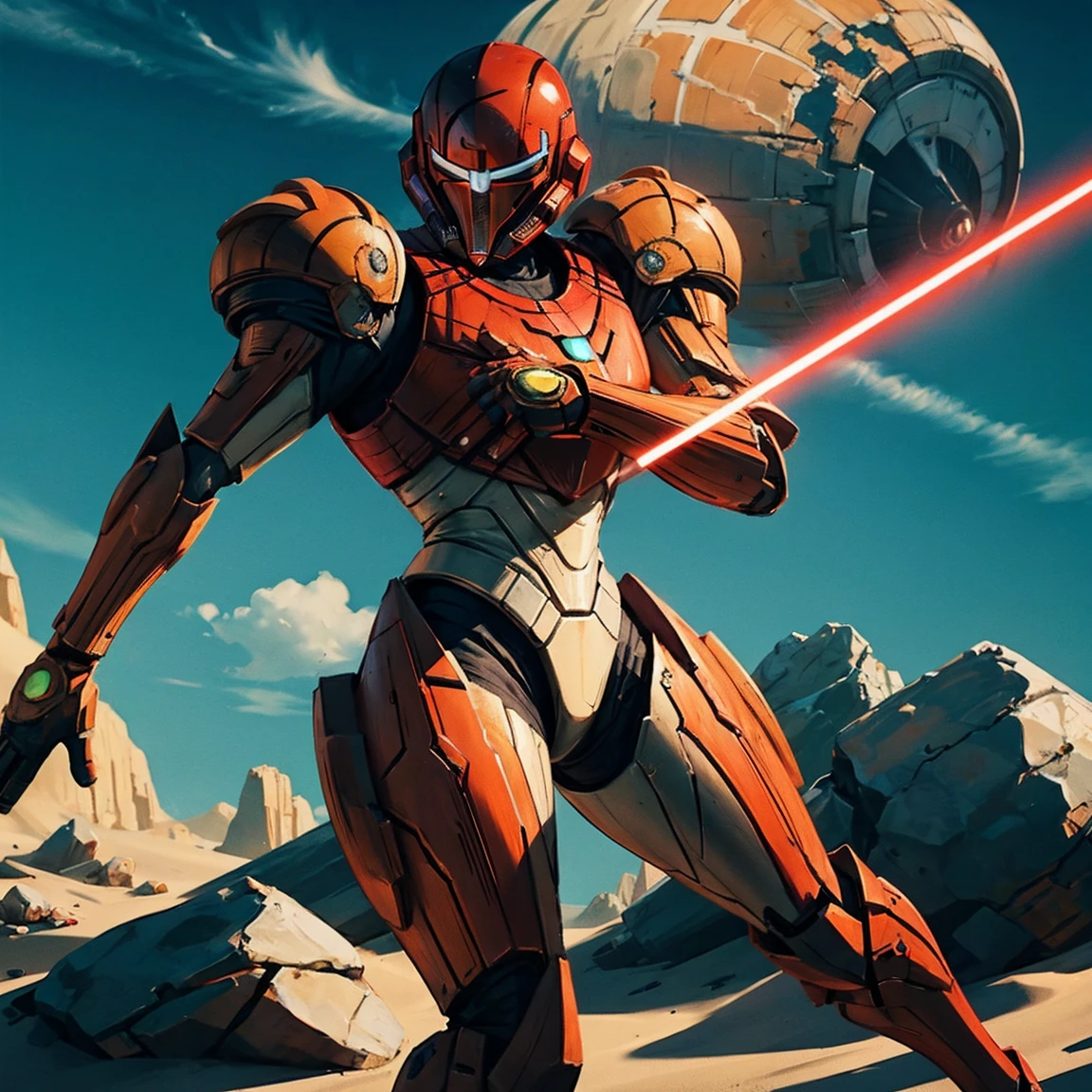 Create a character that is a combination of Samus and Darth Revan.