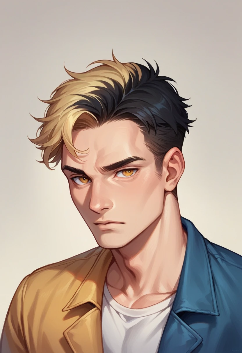 Animated realistic digital illustration of beautiful blonde girl mesmerizing blue eyes and loose straight hair and handsome black hair boy and amber eyes looking at her 