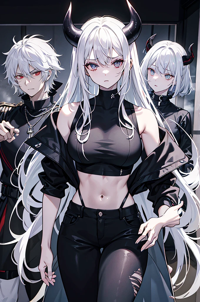 **Hair**: She has white hair, long and tousled, often left free to accentuate her wild side.
- **Horns**: Two large black horns protrude from its head, accentuating its demonic appearance.
- **Eyes**: His eyes are white and shiny, which gives him a piercing and intimidating look.
- **Skin**: His skin is gray in color, adding to his supernatural and demonic appearance.
- **Clothes**: She wears a short, tight-fitting dark-colored top, revealing her muscular abdomen, and a short-sleeved black jacket.
- **Accessories and Armor**:
- **Arms**: Its front
