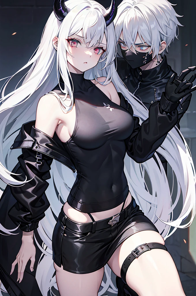 **Hair**: She has white hair, long and tousled, often left free to accentuate her wild side.
- **Horns**: Two large black horns protrude from its head, accentuating its demonic appearance.
- **Eyes**: His eyes are white and shiny, which gives him a piercing and intimidating look.
- **Skin**: His skin is gray in color, adding to his supernatural and demonic appearance.
- **Clothes**: She wears a short, tight-fitting dark-colored top, revealing her muscular abdomen, and a short-sleeved black jacket.
- **Accessories and Armor**:
- **Arms**: Its front