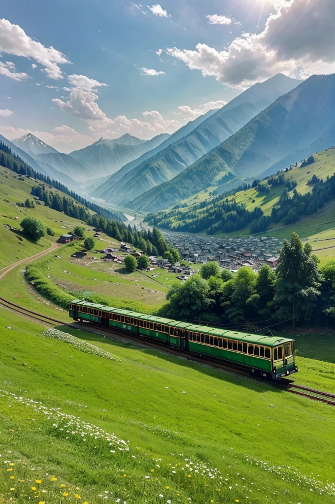 A picture of Kashmir with lush green meadows. The weather is beautiful. A little cloud cover and sun shining. Cable car moving around.
