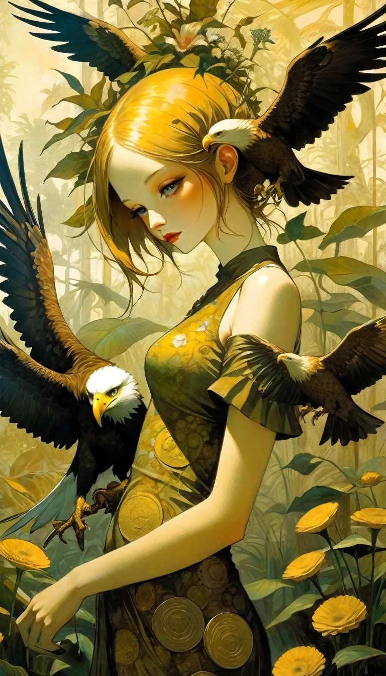 very sexy woman with an eagle on her arm leaning in a beautiful garden,nine large gold coins on the ground of a lush garden among plants and flowers  (Dave Mckean inspired art, intricate details, oil painting) (best quality,4k,8k,highres,masterpiece:1.2),ultra-detailed,(realistic,photorealistic,photo-realistic:1.37),intricate details,vivid colors,sharp focus,professional,Dave McKean artwork, oil touch of surrealism,oil painting style, 
