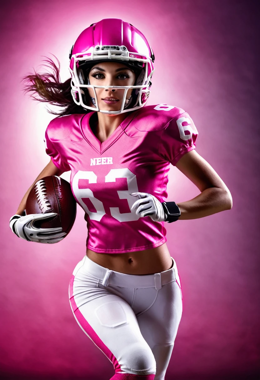 American football player woman, with pink uniform and helmet with white stripe, holding the American football ball, number 63 on the t-shirt, angelic beauty, running, photographic realism, cinema lighting.