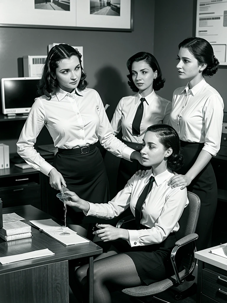 1950 Era Office woman sitting in an office chair dressed in office skirt suit with two women co-workers pouring pitchers of water on head, wet office suits, pantyhose, water running thru clothes