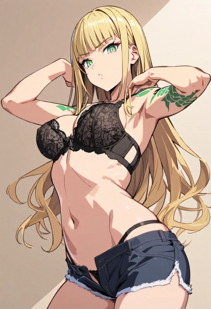 Blonde girl with green eyes and and tattoos, short shorts, visible panty straps, black bra, lace bra, sexy pose, long hair, bangs