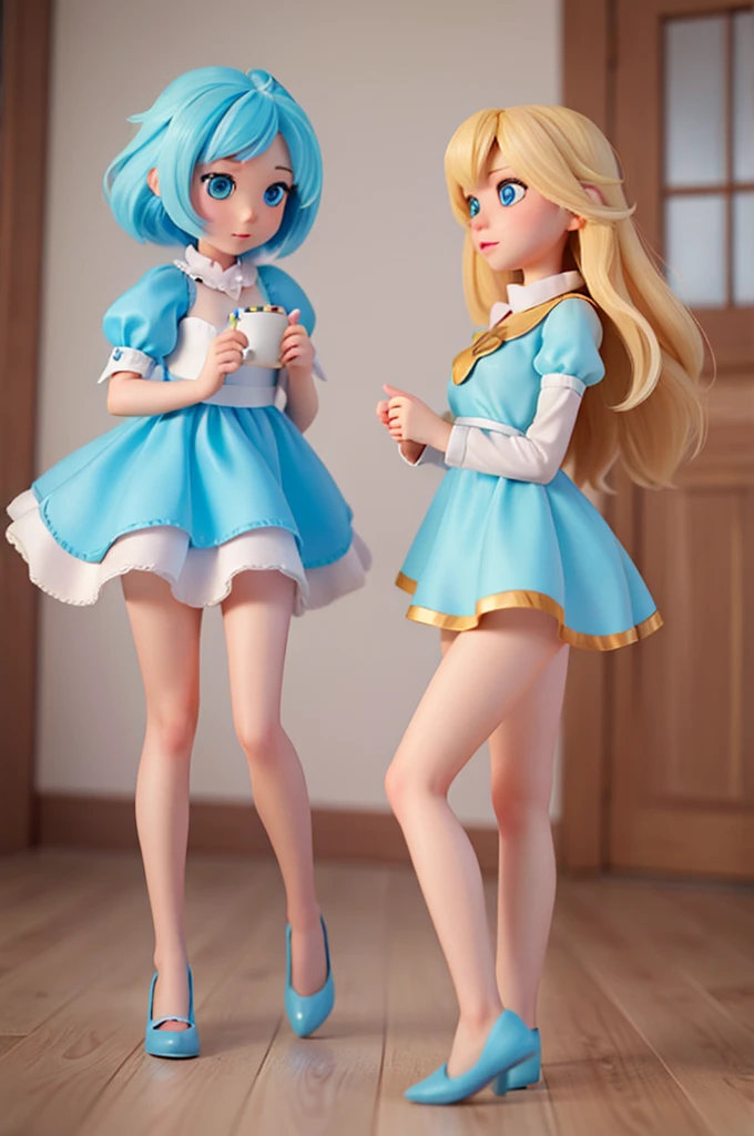 a human girl with blond hair and light blue eyes is holding a talking pose, and next to her is a fairy with blue hair