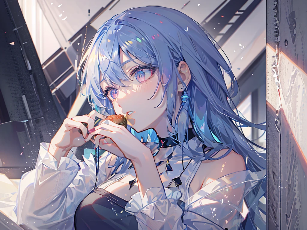 8k wallpaper，tmasterpiece，cinmatic lighting，top Quority，illustratio，Dramatic angles，（（a color：1.1）），（（Colored inner hair：1.4））
1girll， solo， long blue hair， SakuraNS， Pink eyes， Cross necklace， parted lip， a white choker， liquid hair， Light blue hair， By bangs， By bangs， From the side Side， contours， The half part of the body， blue hairs， simple backgound， restaurant back ground， exposed bare shoulders， sportrait， looking at viewert， white dresses， hairsbetweeneyes， colorfulhair，crowded restaurant  Background, Nebula, 耳Nipple Ring，jewely, eating hamburger,