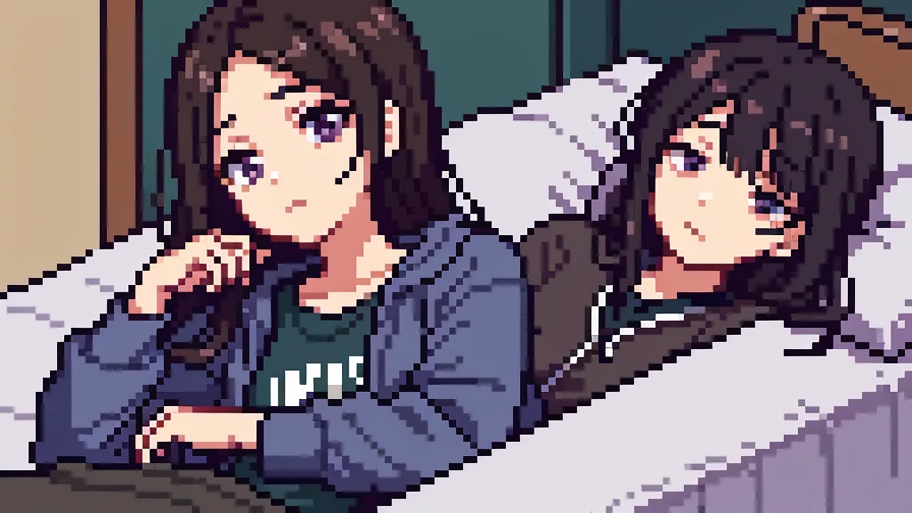 One girl, 20 years old, downtrodden girl, tired girl, confused girl, uncertain posture, long hair, black hair, brown hair. eyes with a transition from blue to purple, dark hair, anime style, 4k image, full body, modern appearance. all the details have been worked out, modern clothes, full-fledged clothes, baggy clothes, cheap clothes, detailed face, lots of details, very detailed, deep, elaborate facial expression, in the apartment, sleeping in bed, lying on the bed, sleeping
