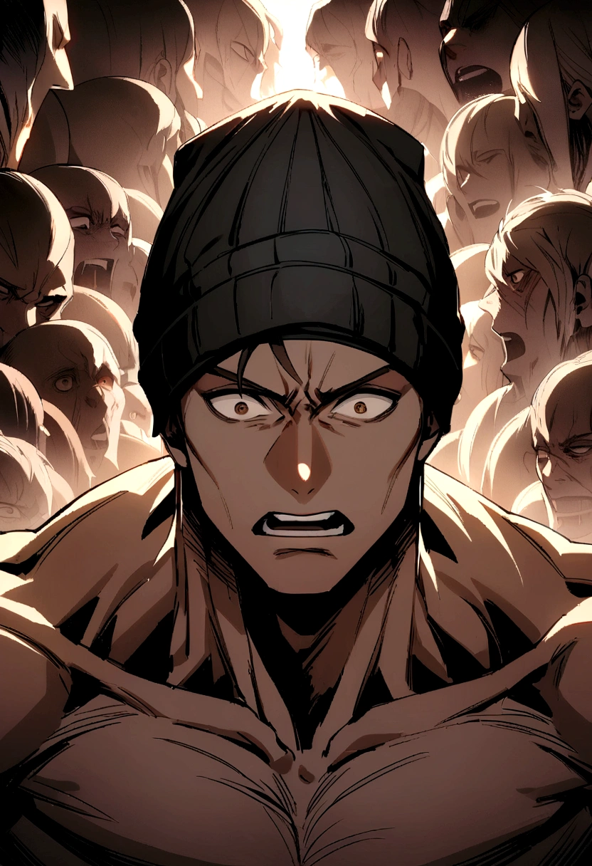 Muscular boy with a black beanie hat and his MEDIUM BROWN HAIR is noticeable, he is terrified by all the voices that surround him because of the madness