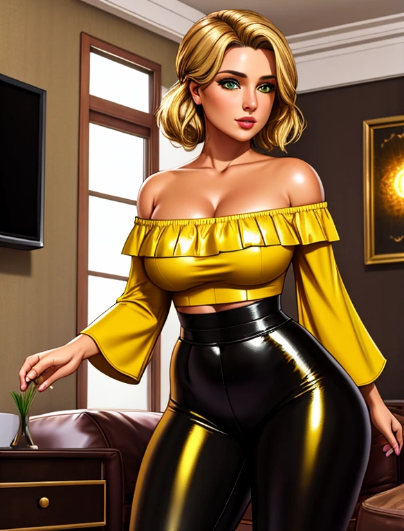 (masterpiece,best quality,absurdres,beautiful,aesthetic,detailed),cinematic angle, (Detailed face:1.2), (Detailed eyes:1.2), (Hourglass figure:1.2), 1girl, solo, beautiful middle-aged woman, 36-years-old, tan olive skin, short blonde hair, pony tail hair style, green eyes, approximately 5'2" tall, ((Wearing a yellow off-shoulder top and shiny black leggings)), standing in the middle of the living room, couch, TV, carpet, relaxed atmosphere, cinematic lighting, detailed background,
