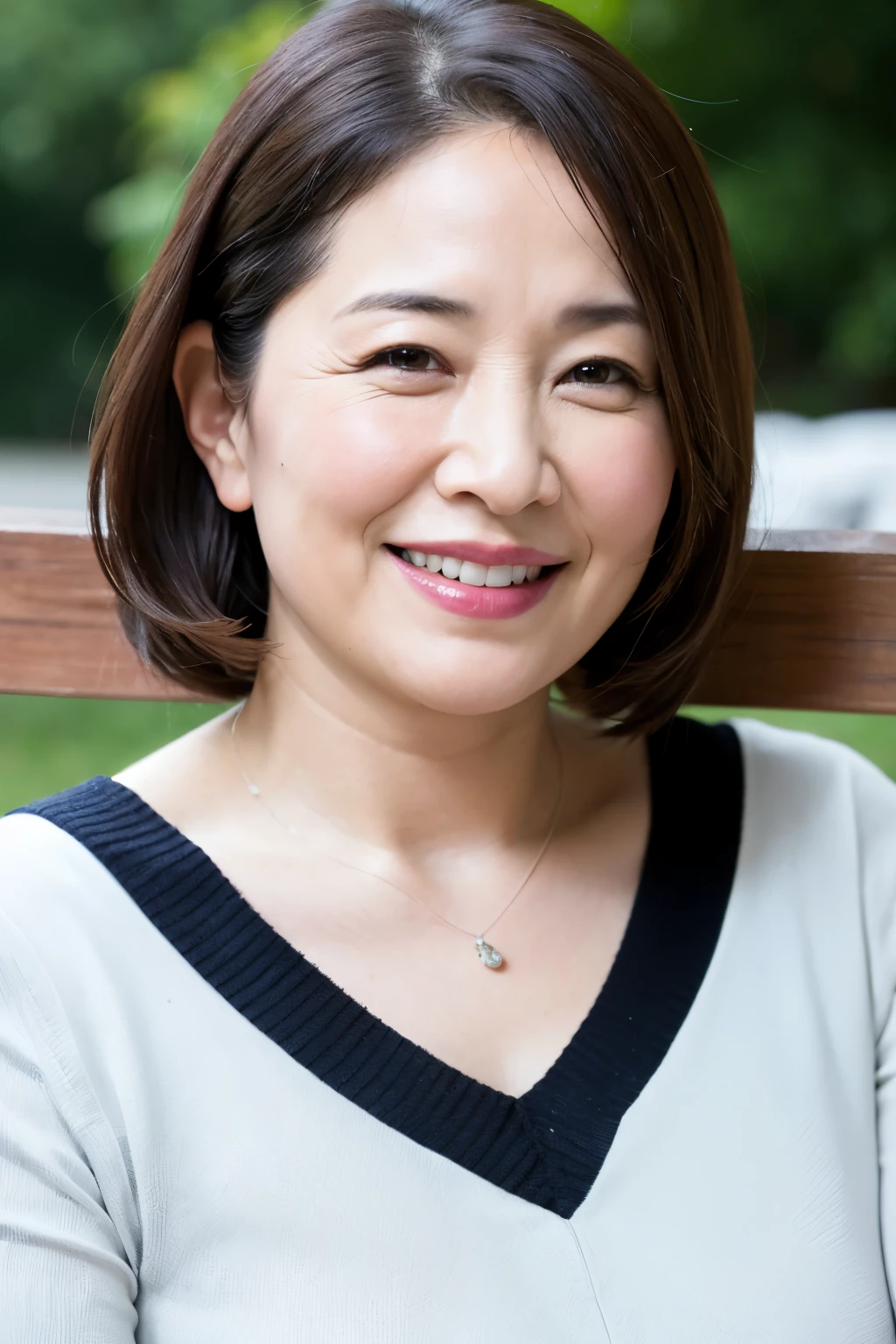 最high quality, In 8K, Masseter region, real, Sharp focus, high quality, High resolution, Detailed face, Fine grain, Thick lips, Background Blur, alone, Full body photography, Middle-aged women, , 65 years old, , Wavy Hair, , Wearing a plain short-sleeved knit, Sitting on a park bench, Wrinkles around the eyes, Smiling with teeth showing