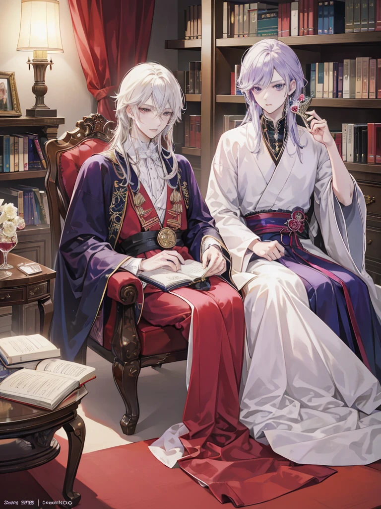 anime image of two people in a library with a table and chairs, two anime handsome men, anime key visual of elegant, ((wearing aristocrat robe)), dapper dream demon, my dress up darling anime, machiavellian puppetmaster, royal attire akira, inspired by Tomioka Tessai, ryuta ueda artwork, beautiful prince