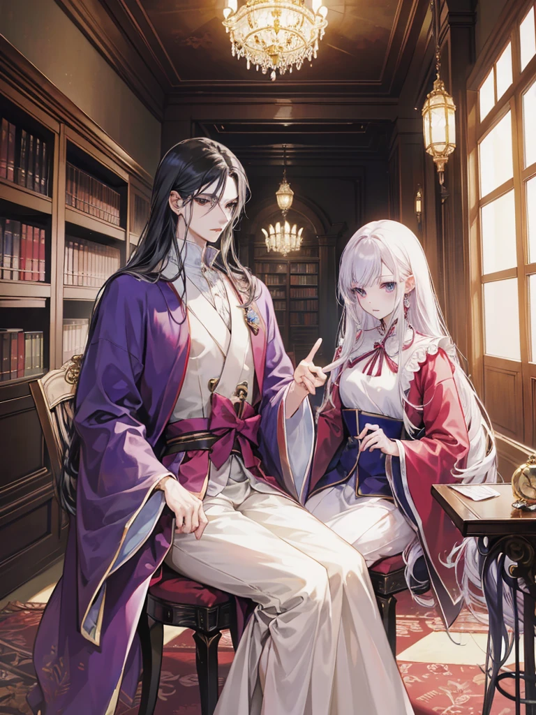 anime image of two people in a library with a table and chairs, two anime handsome men, anime key visual of elegant, ((wearing aristocrat robe)), dapper dream demon, my dress up darling anime, machiavellian puppetmaster, royal attire akira, inspired by Tomioka Tessai, ryuta ueda artwork, beautiful prince