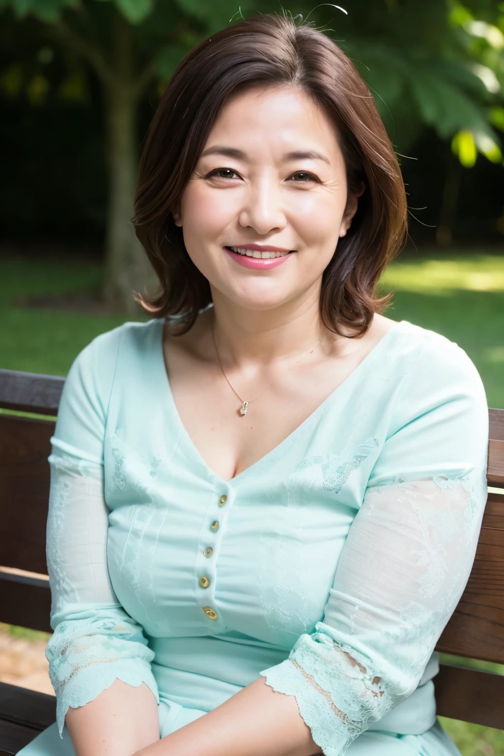最high quality, In 8K, Masseter region, real, Sharp focus, high quality, High resolution, Detailed face, Fine grain, Thick lips, Background Blur, alone, Full body photography, Middle-aged women, , 65 years old, , Wavy Hair, , Wearing a plain short-sleeved knit, Sitting on a park bench, Wrinkles around the eyes, Smiling with teeth showing