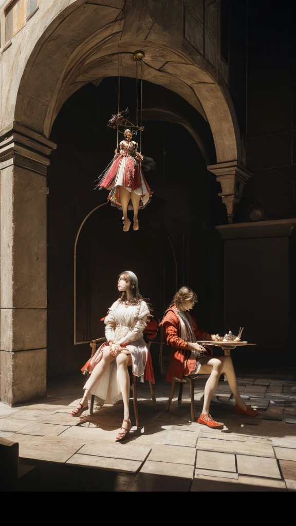 a woman Birds sitting on her lap, Gulliver's Travels, Gulliver's Travels, maurizio cattelan, detailed concept photography, creative image composition sports, shooting surreal object photography, by Storm Thorgerson, surreal nightmare scene, miniature photography, stills from Lord of War, by Leandro Erlich, terry gilliam, little people!! !, manipulation.Beautiful giant girl. Big thighs.