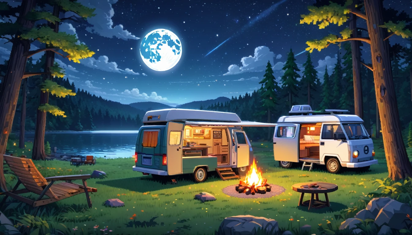 a detailed advance futuristic camper van in a grassy forest clearing at midnight,full moon shining bright, starry sky, campfire nearby, lake nearby,pixelart,HDR,8k,high quality,detailed interior,masterpiece