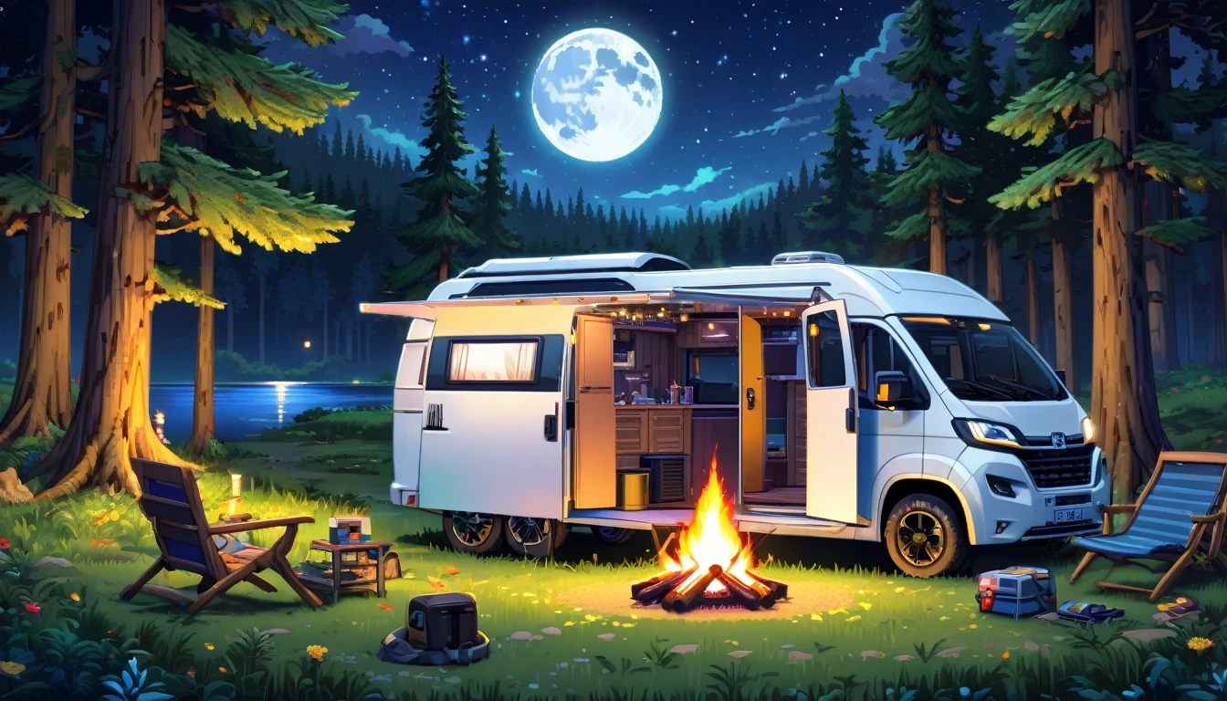 a detailed advance futuristic camper van in a grassy forest clearing at midnight,full moon shining bright, starry sky, campfire nearby, lake nearby,pixelart,HDR,8k,high quality,detailed interior,masterpiece