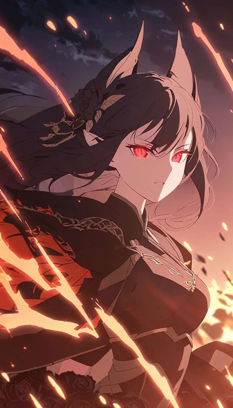 1woman, elven ears, darkness god, fire black hair, straight hairstyle, glowing red eyes, black roses field, fire wings, warrior, elegant thai combat,