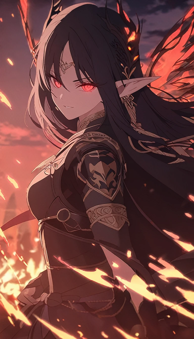 1woman, elven ears, darkness god, fire black hair, straight hairstyle, glowing red eyes, black roses field, fire wings, warrior, elegant thai combat,