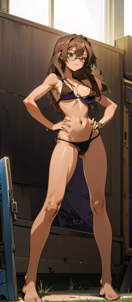 Masterpiece, best quality, Masterpiece, best quality, 1 woman , long brown hair , glasses , sly face , smile , purple bikini ,  arms , abdomen,  , Barefoot , hands on  , abandoned factory 