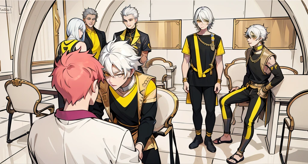 white hair yellow eyes golden jewelry black and yellow coleres clothing speaks kindly