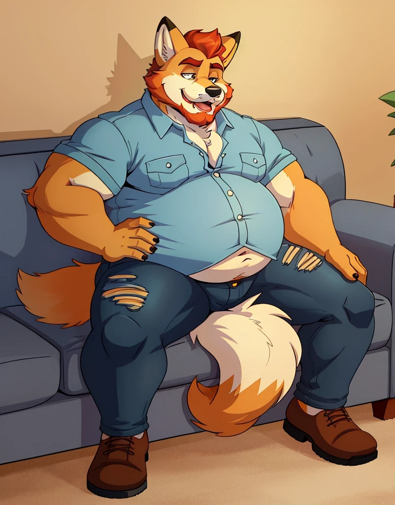 A male chubby anthropomorphic fox with a big belly and a beard , wearing a short sleaved button up and tight jeans, sitting on a couch