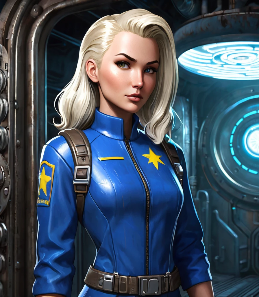 Create a detailed digital artwork of a Vault Dweller from the Fallout universe. He has long platinum blonde hair, fair skin, and is extremely handsome. He is wearing the classic blue Vault jumpsuit, with the number visible on the back. The art should be in a realistic style, with attention to details and textures.The scene is set inside a vault with retro-futuristic lighting, highlighting neon lights and soft shadows. The background should include typical vault elements such as metallic panels, security doors, and piping, with a color palette in shades of blue and gray. The character's face and hair should be especially detailed, reflecting the ambient lighting to create a dramatic and realistic effect.