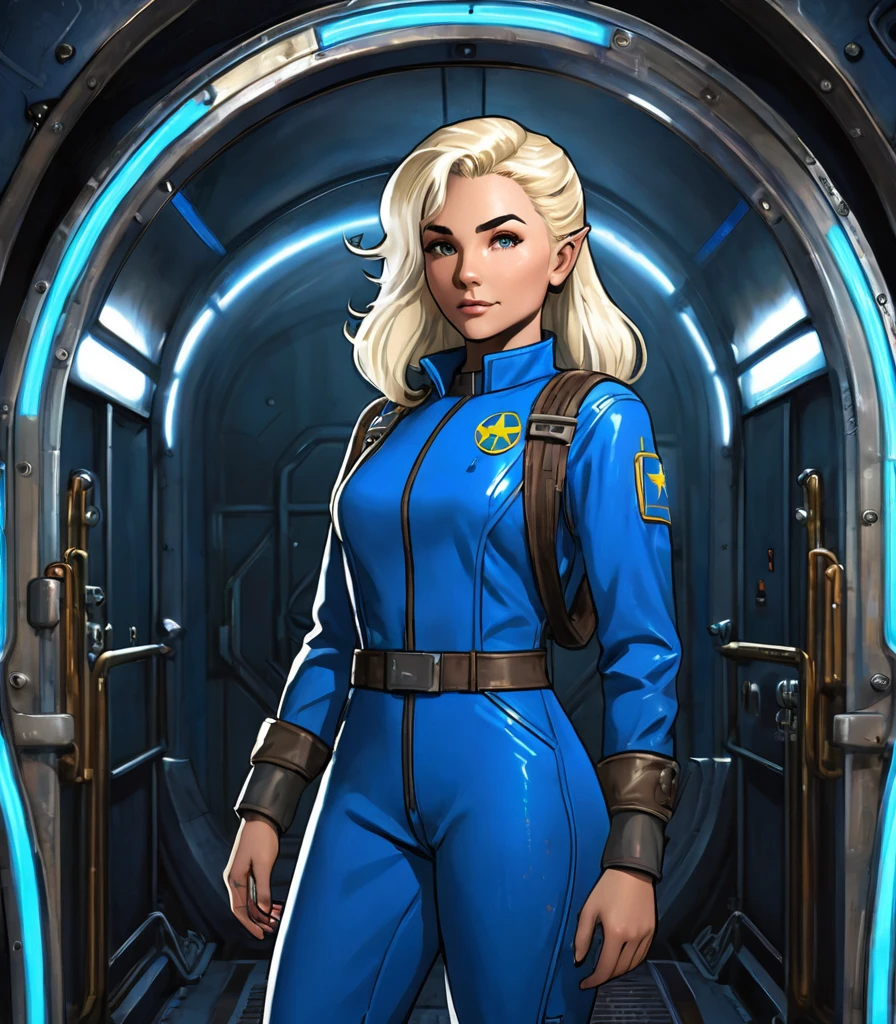 Create a detailed digital artwork of a Vault Dweller from the Fallout universe. He has long platinum blonde hair, fair skin, and is extremely handsome. He is wearing the classic blue Vault jumpsuit, with the number visible on the back. The art should be in a realistic style, with attention to details and textures.The scene is set inside a vault with retro-futuristic lighting, highlighting neon lights and soft shadows. The background should include typical vault elements such as metallic panels, security doors, and piping, with a color palette in shades of blue and gray. The character's face and hair should be especially detailed, reflecting the ambient lighting to create a dramatic and realistic effect.