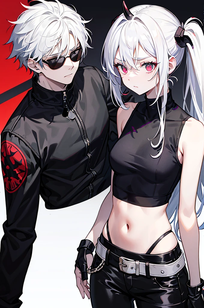 - **Hair**: She has white hair, often tied in a messy ponytail with a few loose strands framing her face. - **Horns**: Two small black horns come out of his head, giving him a demonic appearance. - **Eyes**: His eyes are pale, almost white, adding to his mysterious and intimidating aura. - **Clothing**: She wears a tight red tank top, a black jacket over it, and tight black pants with a silver buckled belt. - **Accessories**: She wears red combat gloves. Black sunglasses sit atop her head, enhancing her bold look. - **Other details**: His expressions are generally nonchalant and confident, demonstrating his confidence and fearless character.