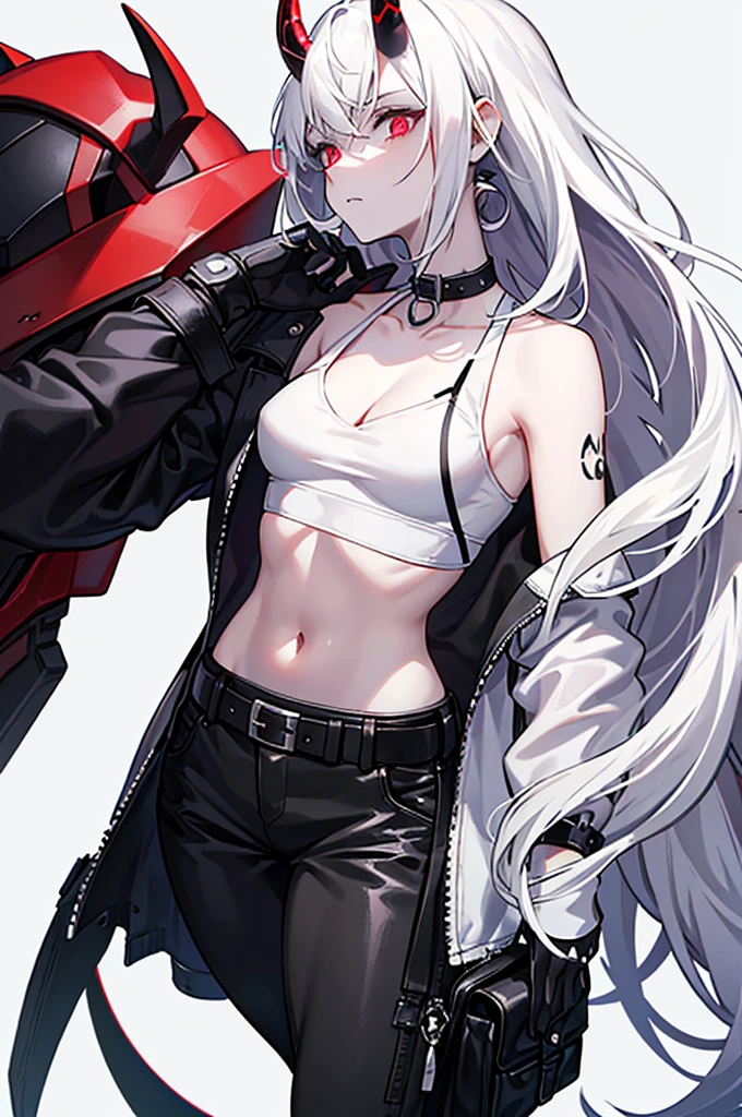 - **Hair**: She has white hair, often tied in a messy ponytail with a few loose strands framing her face. - **Horns**: Two small black horns come out of his head, giving him a demonic appearance. - **Eyes**: His eyes are pale, almost white, adding to his mysterious and intimidating aura. - **Clothing**: She wears a tight red tank top, a black jacket over it, and tight black pants with a silver buckled belt. - **Accessories**: She wears red combat gloves. Black sunglasses sit atop her head, enhancing her bold look. - **Other details**: His expressions are generally nonchalant and confident, demonstrating his confidence and fearless character.