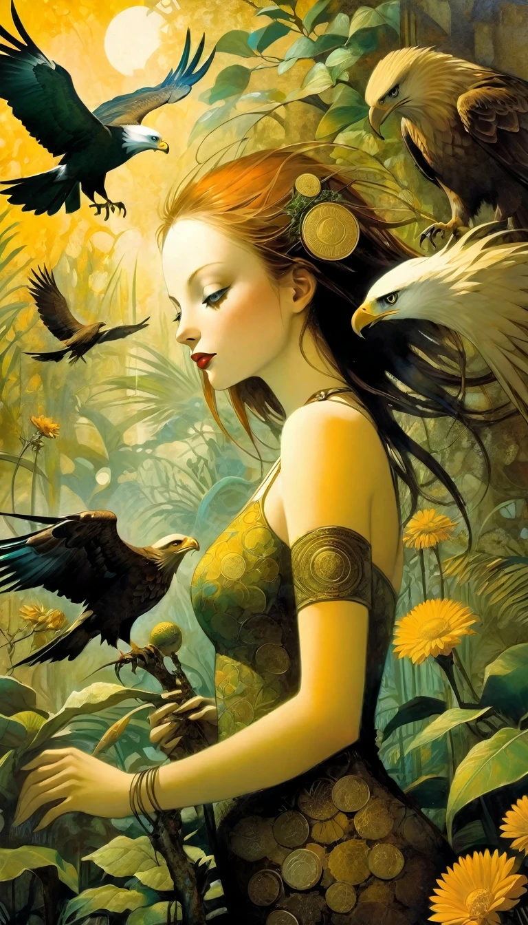 very sexy woman with an eagle on her arm leaning in a beautiful garden,nine large gold coins on the ground of a lush garden among plants and flowers (Dave Mckean inspired art, intricate details, oil painting) (best quality,4k,8k,highres,masterpiece:1.2),ultra-detailed,(realistic,photorealistic,photo-realistic:1.37),intricate details,vivid colors,sharp focus,professional,Dave McKean artwork, oil touch of surrealism,oil painting style,