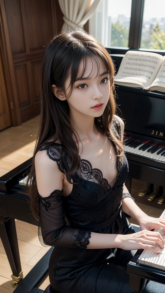 ((Beautiful girl playing piano in the living room, Practicing the piano)), super detailed piano, From above, Mysterious Space, clear々A nice morning, Window, (, Baby Face:1.楚な黒ドレス, Small breasts, (((Chest flickering:1.2))), ((Detailed eyes and face, Professional photography techniques, Cinema Lighting)), ((Detailed hands, The pianist&#39;s beautiful hands)), (Highest quality, 8K, masterpiece:1.2, RAW Photos), Short Hair, (Perfect Anatomy:1.3)