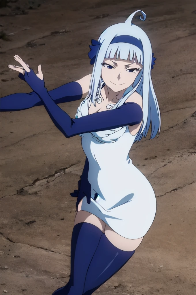 FAIRY TAIL ANGEL, LONG HAIR, BANGS, BLUE HAIR, HAIRBAND, BLUE HAIRBAND, AHOGE, THIGHHIGHS, GLOVES, DRESS, CLEAVAGE, ELBOW GLOVES, WHITE DRESS, 1girl, solo, facing viewer, (evil smile:1.3),Highly detailed CG Unity 8K wallpaper, perfect lighting,laugh at,evil smile,evil smirk,looking down at viewer,,smile bad,deep shaded face,too evil fall,dark world background,two hands,five fingers,two legs,