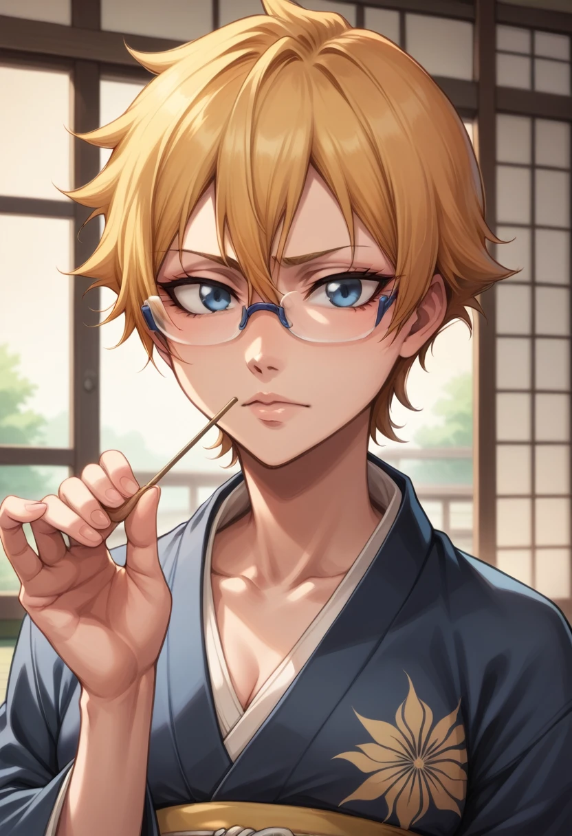 1 girl, short blonde hair, blue eyes, thin rimmed glasses, shinigami kimono, long kimono, shinigami, bleach anime