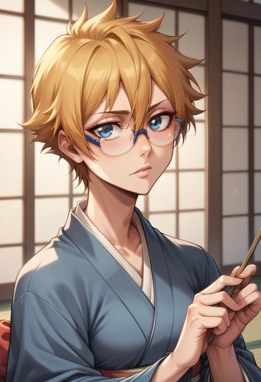 1 girl, short blonde hair, blue eyes, thin rimmed glasses, shinigami kimono, long kimono, shinigami, bleach anime