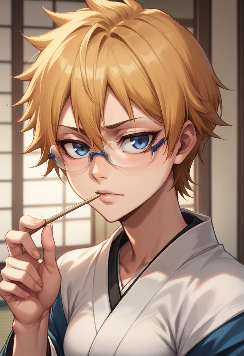 1 girl, short blonde hair, blue eyes, thin rimmed glasses, shinigami kimono, long kimono, shinigami, bleach anime
