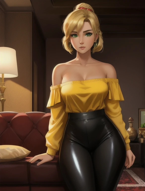 (masterpiece,best quality,absurdres,beautiful,aesthetic,detailed),cinematic angle, (Detailed face:1.2), (Detailed eyes:1.2), (Hourglass figure:1.2), 1girl, solo, beautiful middle-aged woman, 36-years-old, tan olive skin, short blonde hair, pony tail hair style, green eyes, approximately 5'2" tall, ((Wearing a yellow off-shoulder top and shiny black leggings)), standing in the middle of the living room, couch, TV, carpet, relaxed atmosphere, cinematic lighting, detailed background,
