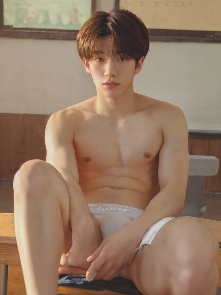 full body, 1 person, 18 year old, muscular man, korean, topless, wearing white jockstrap, sexy, soft light, Zoom in for a close-up, Masterpiece, best quality, photo realistic,sit, classroom.