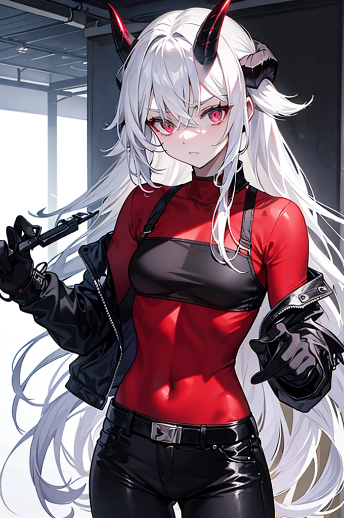 - **Hair**: She has white hair, often tied in a messy ponytail with a few loose strands framing her face. - **Horns**: Two small black horns come out of his head, giving him a demonic appearance. - **Eyes**: His eyes are pale, almost white, adding to his mysterious and intimidating aura. - **Clothing**: She wears a tight red tank top, a black jacket over it, and tight black pants with a silver buckled belt. - **Accessories**: She wears red combat gloves. Black sunglasses sit atop her head, enhancing her bold look. - **Other details**: His expressions are generally nonchalant and confident, demonstrating his confidence and fearless character.