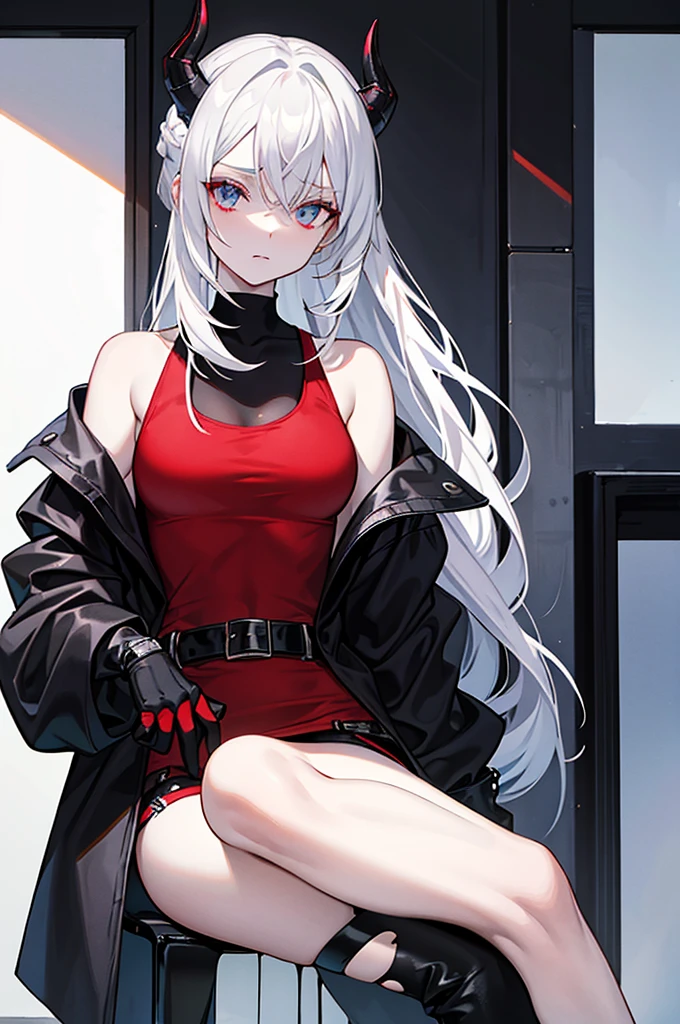 - **Hair**: She has white hair, often tied in a messy ponytail with a few loose strands framing her face. - **Horns**: Two small black horns come out of his head, giving him a demonic appearance. - **Eyes**: His eyes are pale, almost white, adding to his mysterious and intimidating aura. - **Clothing**: She wears a tight red tank top, a black jacket over it, and tight black pants with a silver buckled belt. - **Accessories**: She wears red combat gloves. Black sunglasses sit atop her head, enhancing her bold look. - **Other details**: His expressions are generally nonchalant and confident, demonstrating his confidence and fearless character.