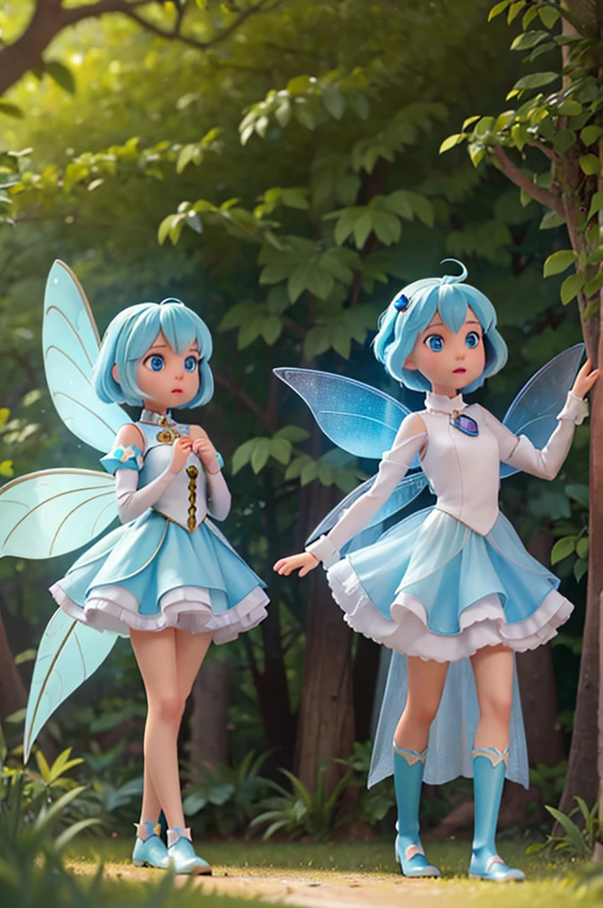 a human girl with blond hair and light blue eyes is talking, she has the pose of speaking, and next to her there is a fairy with blue hair and transparent wings, in the middle of the woods magic
