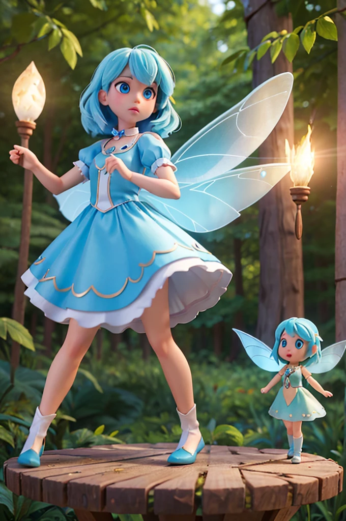 a human girl with blond hair and light blue eyes is talking, she has the pose of speaking, and next to her there is a fairy with blue hair and transparent wings, in the middle of the woods magic