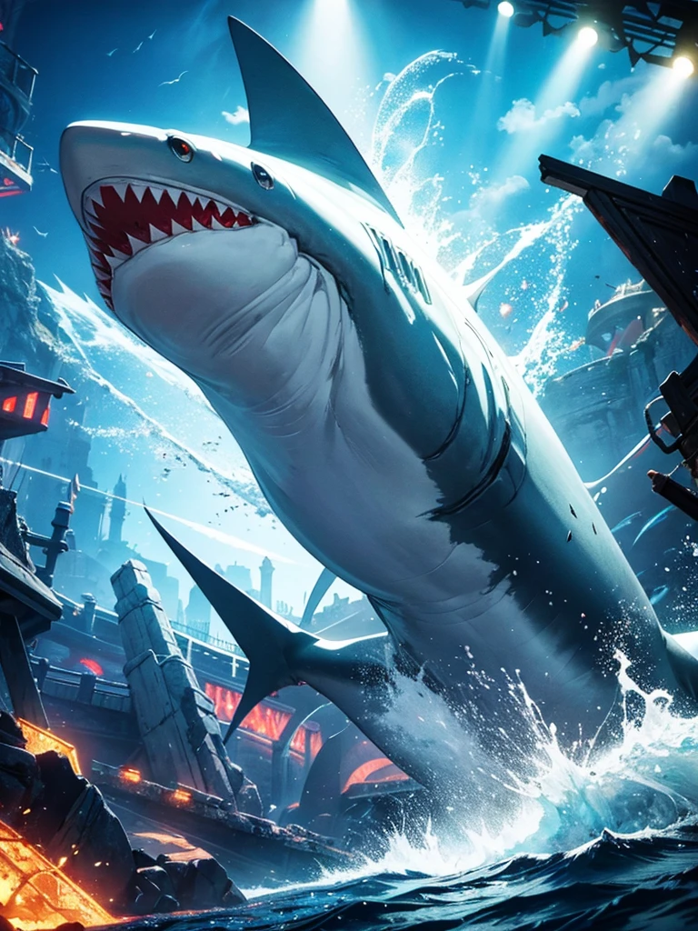 Massive shark, colorful, fantasy, medieval, detailed, cineatic lights, hd, ultra hd , lights particles 
