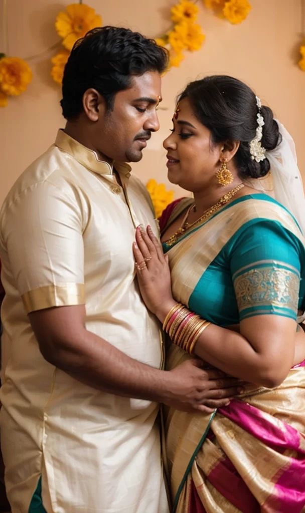 A radiant, full-figured South Indian 45 year old bride ( surrounded by a group of men)wearing a transparent cream colour silky saree standing in a living room, , captured in a full-body image with vibrant hues and meticulous details. Full body image